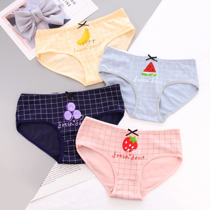 2/4 Sets Of Women's Cotton Underwear Fruit Pattern Bow Mid-Waist Comfortable And Breathable Youth Briefs