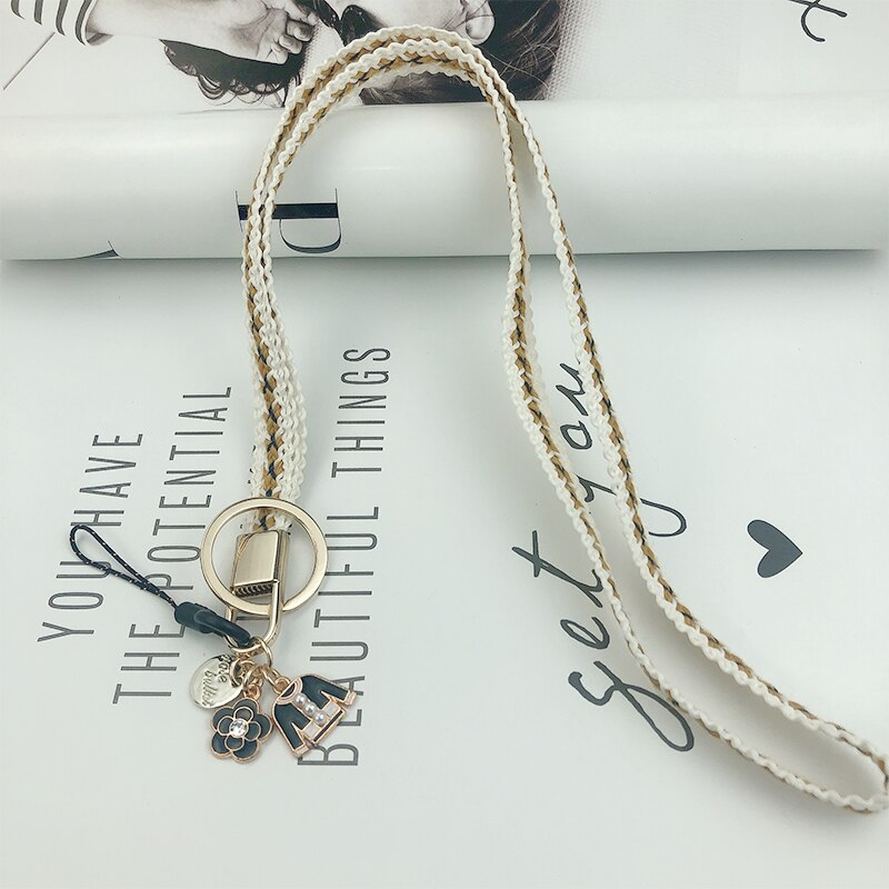 Braided neck rope accessories For iPhone 11 Charm ID card gym key USB badge holder lanyard: White