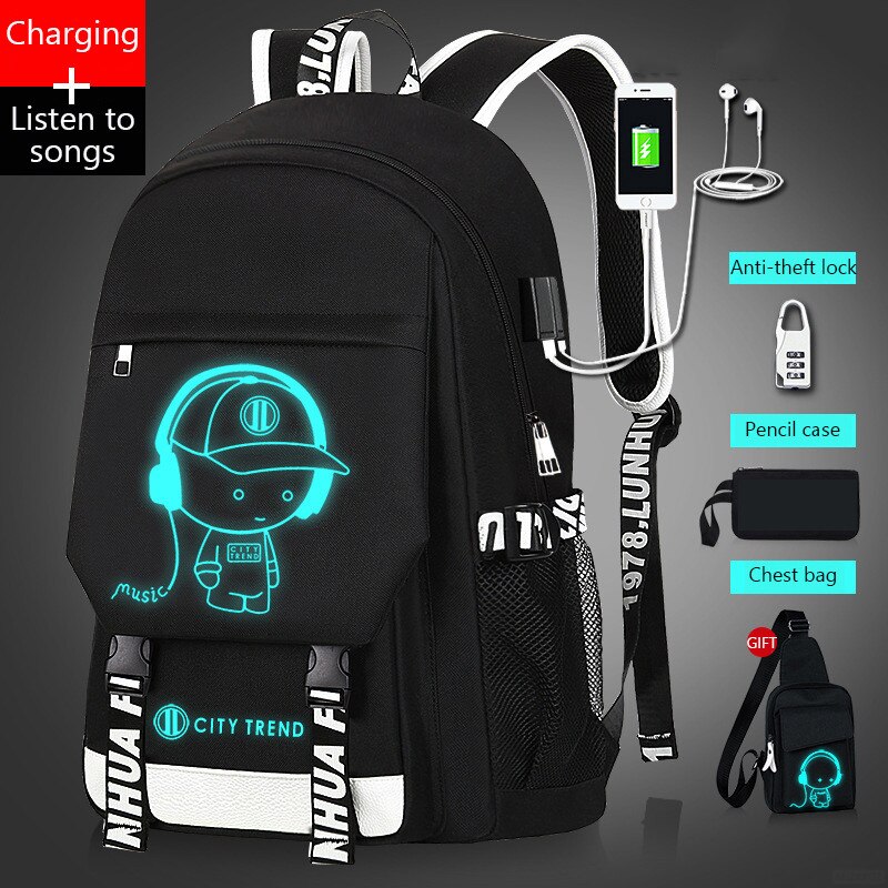 USB musique lumineux cartable unisexe pour adolescents sac à dos à sac d'école étudiant livre sac pour garçons filles: Photo color14