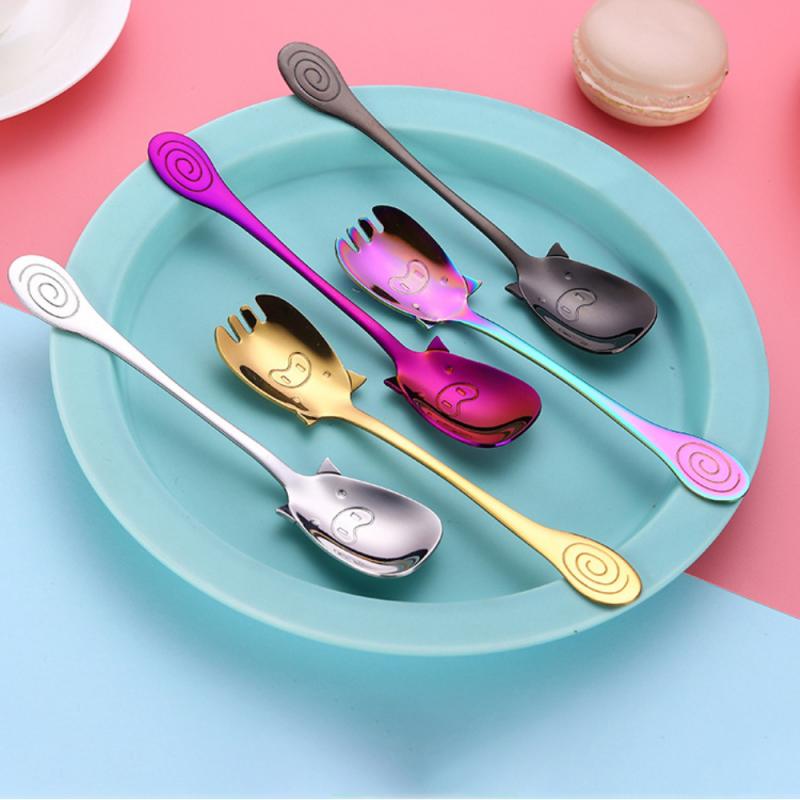 The Seven Color Pig Shape Ice Cream Spoon&amp;Fork Juice Stirring Cutlery Set Coffee Ice Cream Tool Kitchen Tools