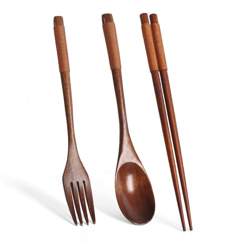 Houten Servies Vork Lepel Eetstokjes 3 Stuk Set Massief Hout Lange Steel Lepel Eetstokjes Draagbare Servies Servies Sets: 2