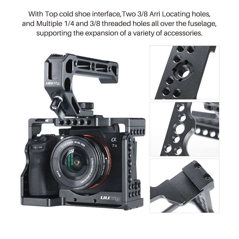 UURig Camera Cage Mount voor Sony A7III A7R3 A7M3 met Arri Lokaliseren Gat en Microfoon Koude Schoen Mount w Top handvat Grip Rig