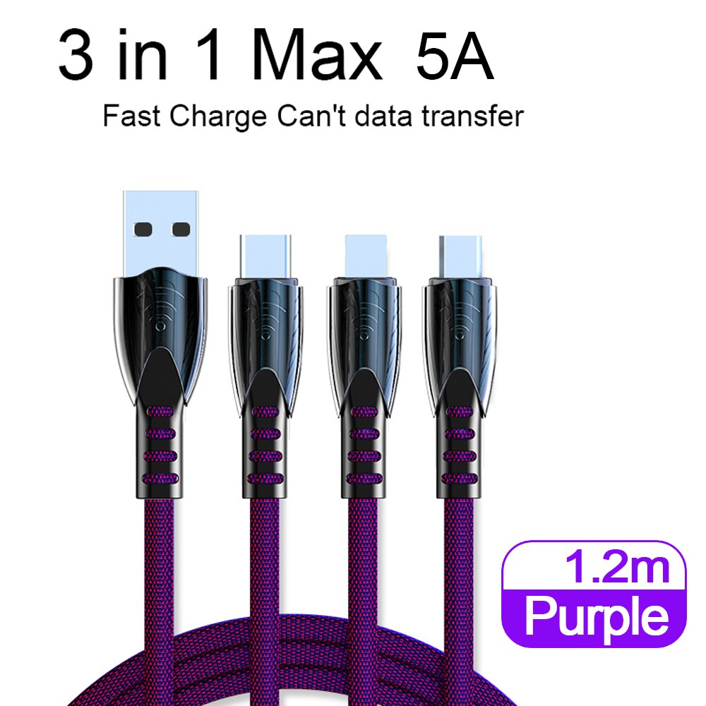 5A szybkie ładowanie 3 w 1 kabel USB Multi szybka ładowarka mikro USB typ C kabel dla iphone'a dla samsunga dla Xiaomi Huawei Oneplus: purpurowy 5A - 1.2m