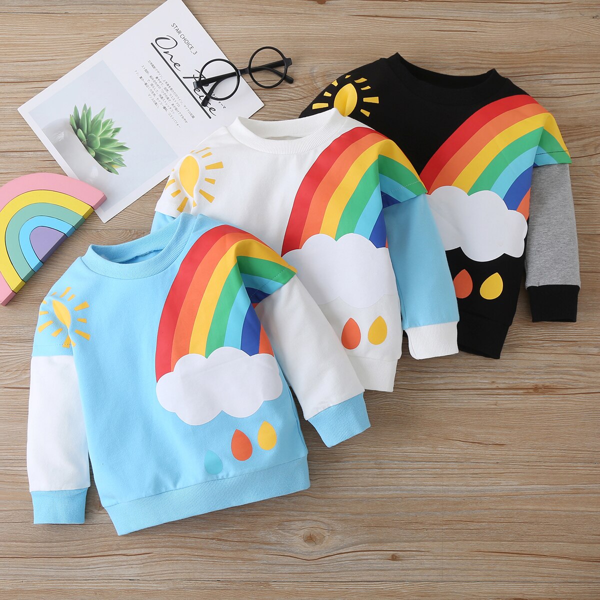 Sweat-shirt à manches longues pour bébés filles et garçons, imprimé arc-en-ciel, vêtements d'automne pour enfants
