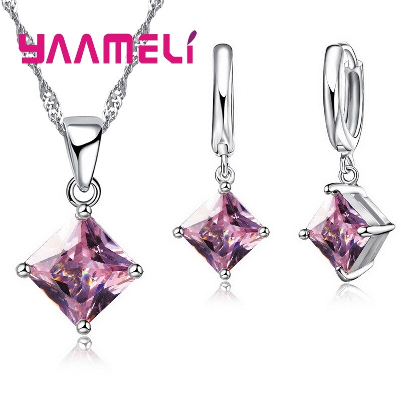 Mode Vrouwen Hangers Ketting Eenvoudige Geometrie Vierkante Oorbellen Kristal 925 Sterling Zilveren Sieraden Sets Voor Bruiloft: pink