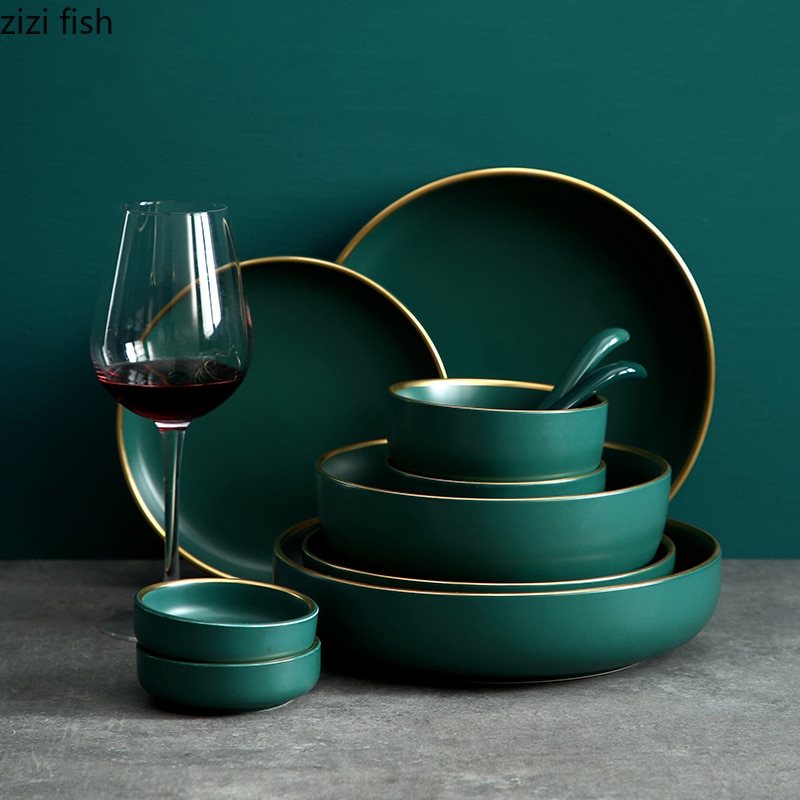 Dark Green Ceramic Tableware Rice Bowl Spoon Household High-grade Ceramic Tableware Tray Deep Plate Western Dish Set