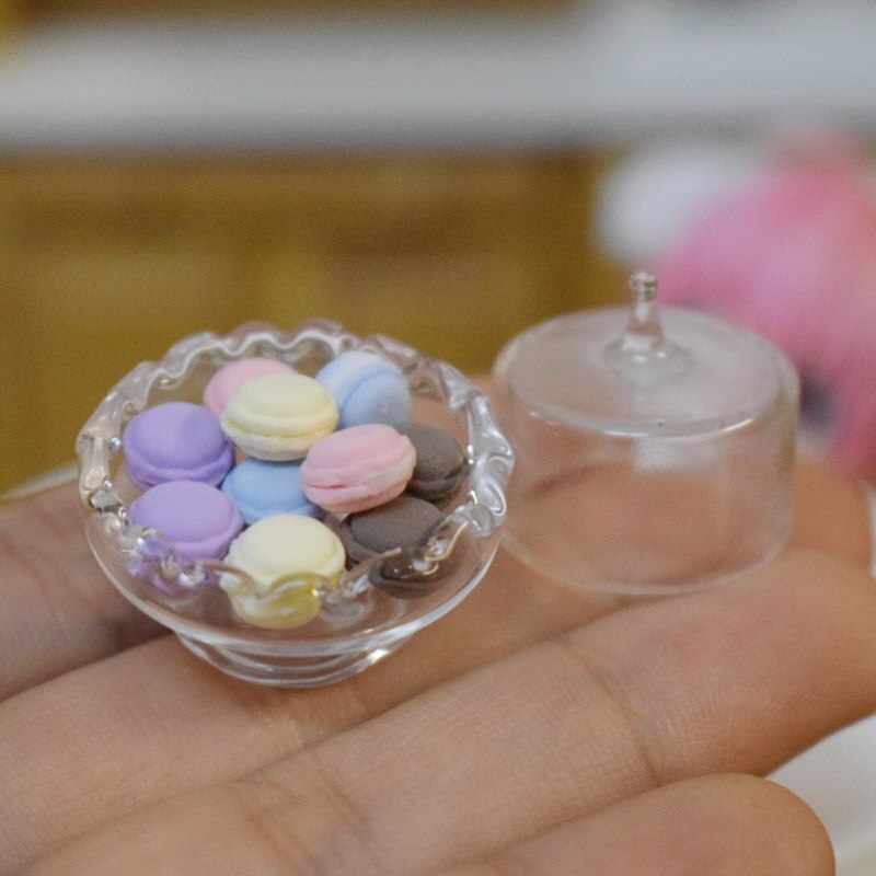 1:12 Scale Cute Mini Pretend Play Macaron with Glass Dish Dollhouse Miniture Food Kitchen Decoration Accessories Toy