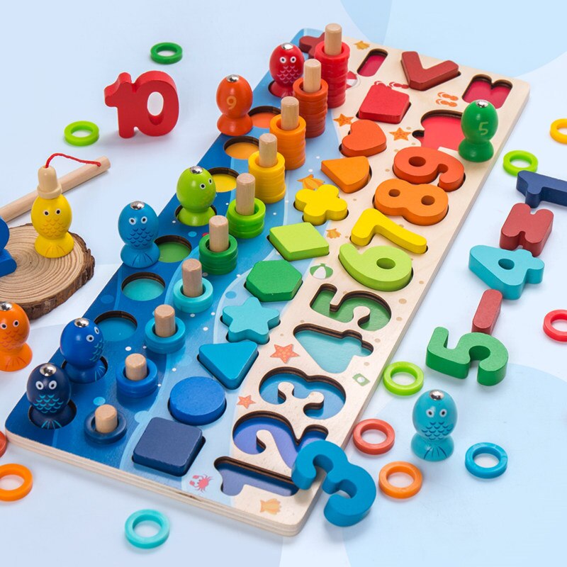 Montessori Wooden Toys For Kids Early Educational Board Math Fishing Count Numbers Matching Digital Shape Sorter Children Toy: 4 in 1 M