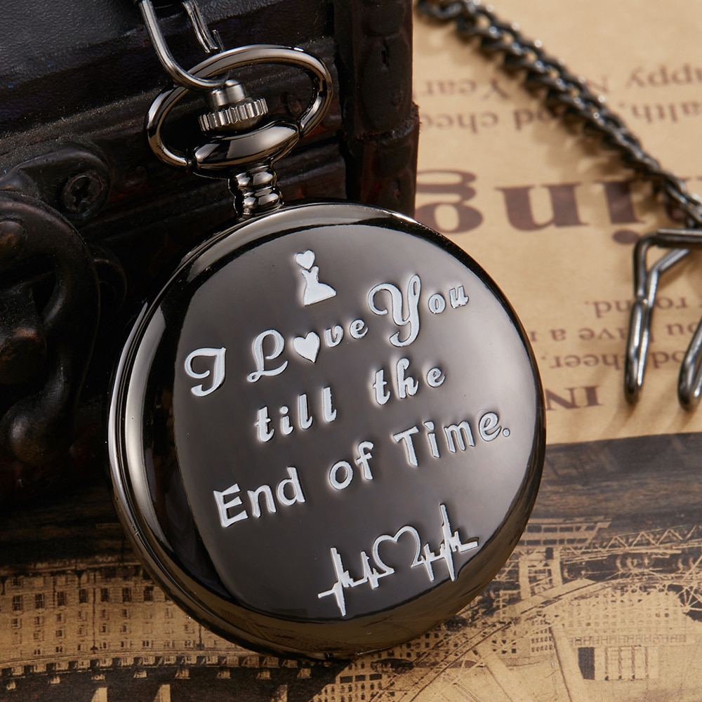Reloj de bolsillo de cuarzo, de aniversario, reloj de bolsillo grabado I LOVE YOU con colgantes con collar de cadena, reloj de