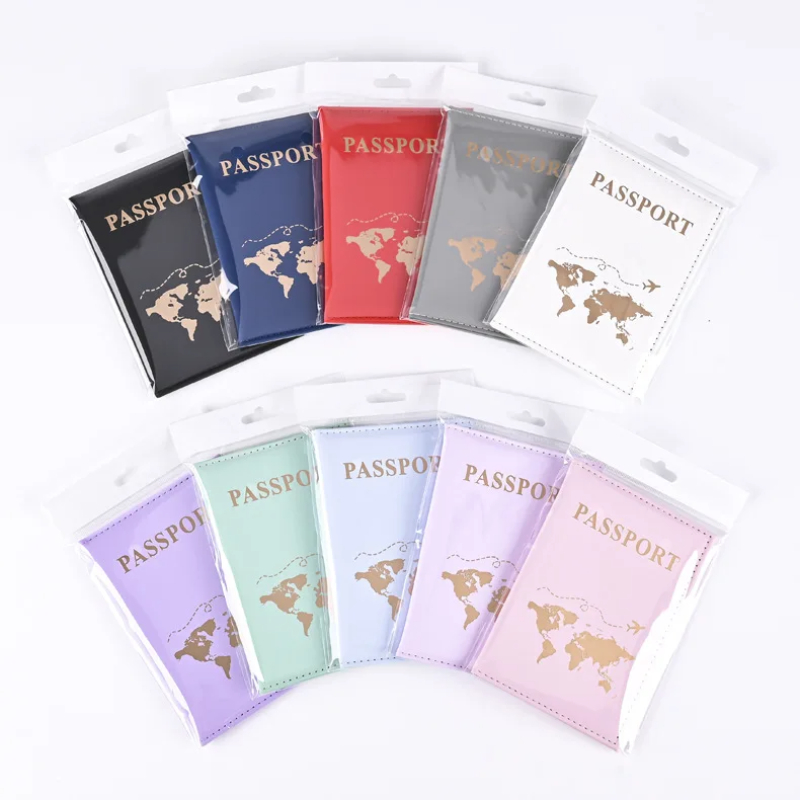 Funda dorada para pasaporte de viaje para hombre y mujer, funda de cuero PU con mapa de billetes, fundas para pasaporte, accesorios protectores para pasaporte