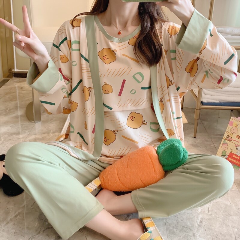 Trykt bomuld barselspleje nattøj 3 stk/sæt pyjamas jakkesæt tøj til gravide graviditet sove lounge wear hjemmetøj