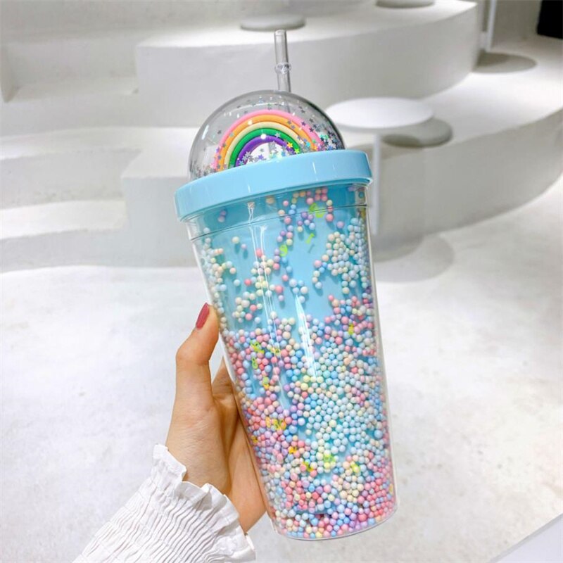 Straw Cup Double Layer Eco-Friendly Plastic Drinkware Ins Girl Water Cup Anti-fall Milk Coffee Cups For Home Office J170: 2