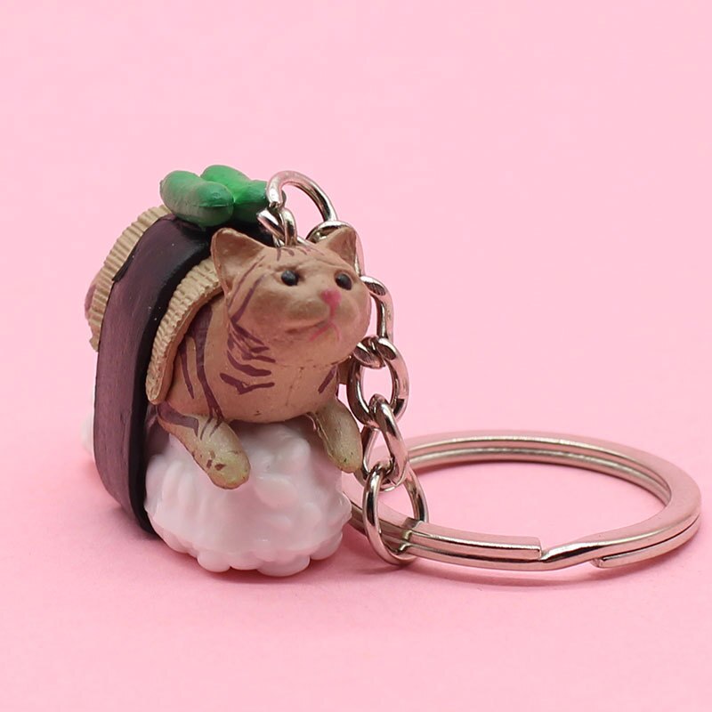 Neue Persönlichkeit Nette Cartooon PVC Katze und Sushi männer Schlüsselbund Auto Auto Metall Ring Anhänger Schmuck: Braun