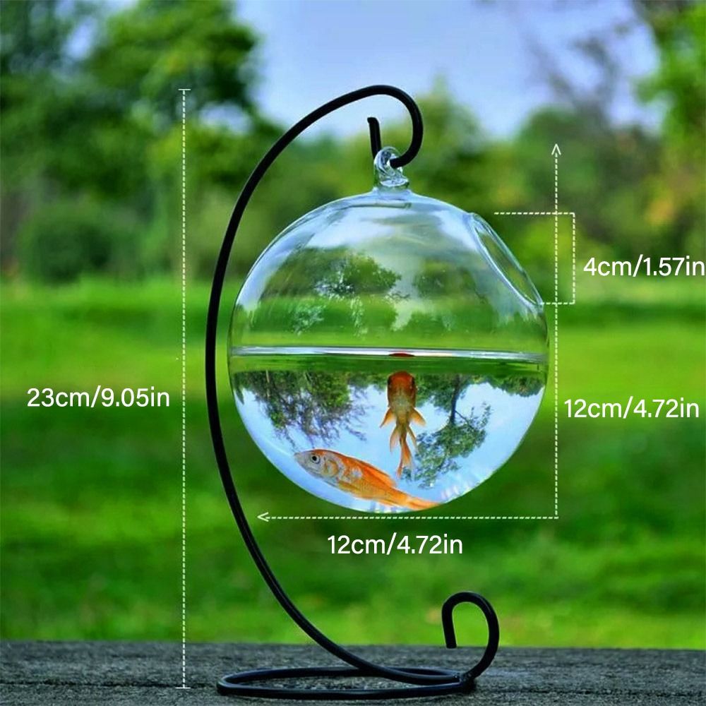 Rund/rektangulær form hengende glass akvarium fisk tank fiskeskål gjennomsiktig vase ornament med stativholder hjemdekorasjon