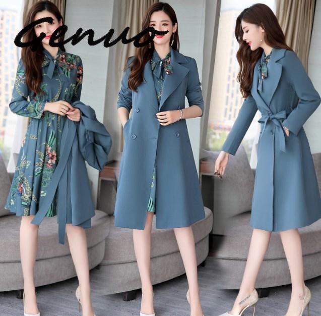 Frühling Herbst Damen Kleid Anzüge Für Büro Tragen Lange Graben Mantel Und Knie Länge Kleid 2 Stück Set Frauen Formale kleider Anzug