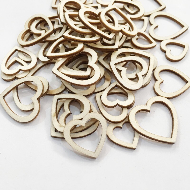 100pcs 10-30mm hollow love heart wood DIY wood chips DIY wedding for scrapbook handmade diy crafts wood carving home decorations