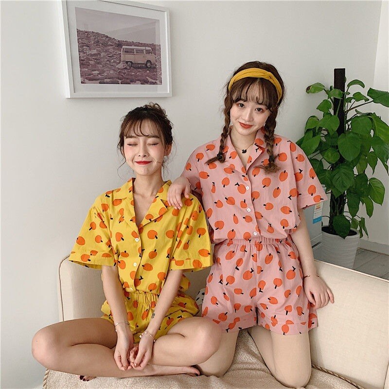 Korean Pajamas for Women Kawaii Room Wear Spring Summer Pyjamas Sweet Pijama Short Sleeve Home Suit Fruit Print Sleepwear