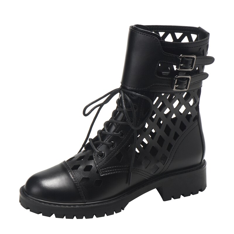 Svarte støvler punk motorsykkel støvler til kvinner hule knehødu støvler sommer snøre lange støvler damesko femmes bottes: 159-1 / 7