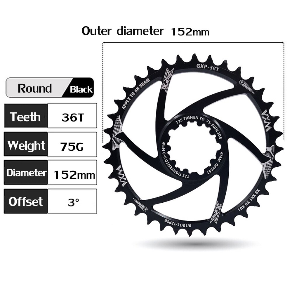 Vxm mtb fiets kettingblad smal breed fiets 30t/32t/34t/36t/38t kettingbladen voor sram 8/9/10/11/12s nx xx xo gx gxp 11 x1 offset 3mm: 36t ronde gxp
