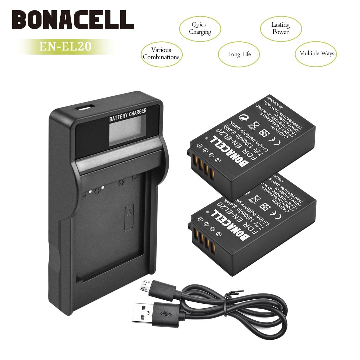 Bonacell 7.2V 1300mAh EN-EL20 EN EL20 ENEL20 Camera Batterij + LCD Oplader Voor Nikon EN-EL20a 1 J1 J2 j3 S1 Digitale Camera L10