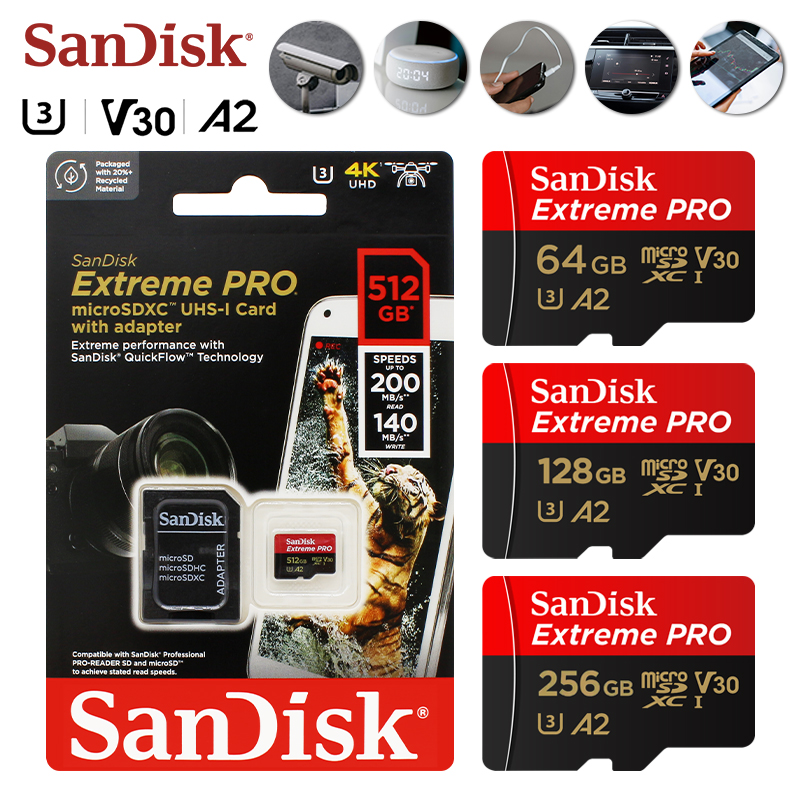 SanDisk microSDXC Card Extreme pro Original Memory up to 200MB/s A2 U3 V30 Compatible with Adapter 1T 512G 256G 128G 64G 32G TF