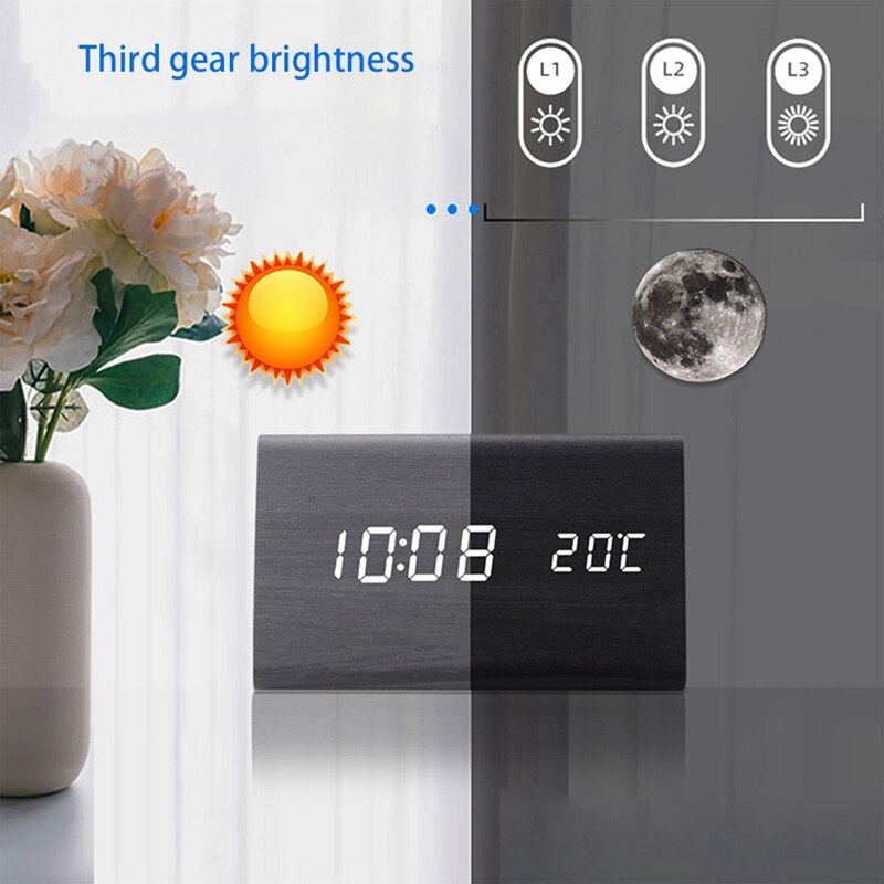 Digitale wekker met luchtvochtigheid en temperatuur, babykamerklok, stille, lichtgevende digitale houten wekker