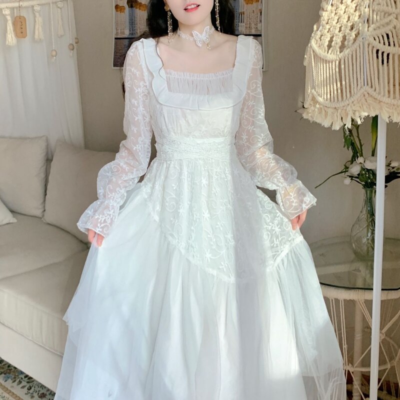 Vintage Evening Party Long Dress Women Lace France Retro Princess Fairy Dress White Korea Sweet Dress Female Summer 2022: S