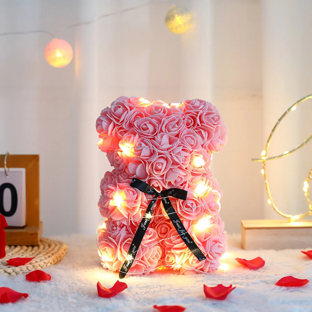 Oso de flor rosa de peluche Artificial de 25cm con caja, romántico del Día de San Valentín, suministros para de boda y aniversario para novia y mujer: Azul