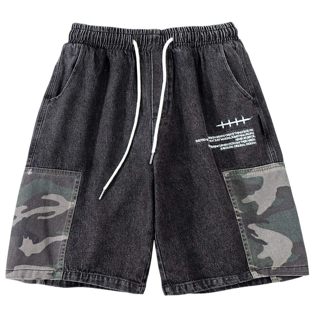 Denim Summer Shorts Men Hip Hop Camo Color Block Patchwork Jeans Harajuku Streetwear Casual Harem Knee Length: XXL