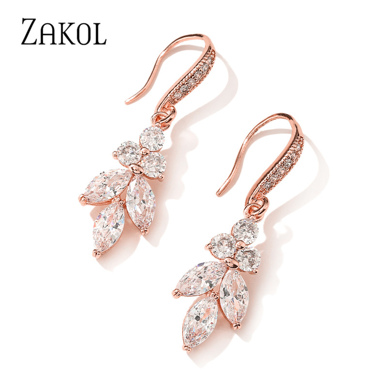 ZAKOL Marquise Cut Cluster Flower Zirconia Crystal Long Dangle Earrings Shiny Leaf Bridal Wedding Jewelry for Women