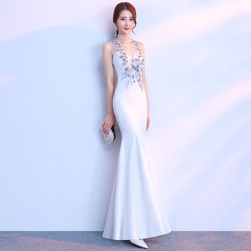 Qipao – robe Qipao à paillettes, style sirène, Cheongsam, robes de mariage orientale, robes de soirée, taille 3XL, blanc: XS