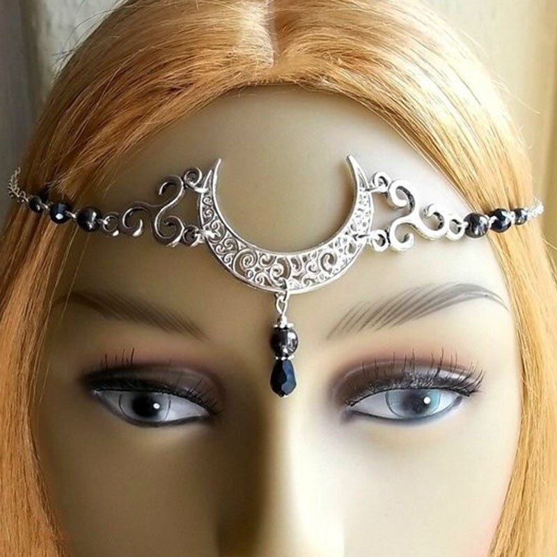 WiccMoon Circlet, Pagan Headdress Wiccan Head Chain Moon &amp; Triskele Headpiece Gothic Head Chain