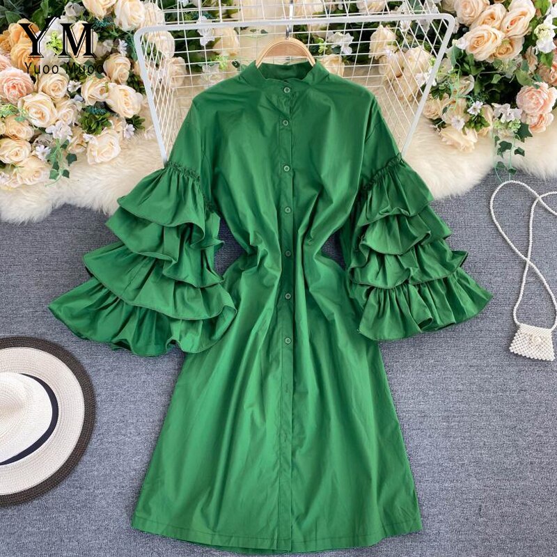 YuooMuoo-vestido verde con volantes de manga larga para otoño, Vestido camisero con una hilera de botones para mujer