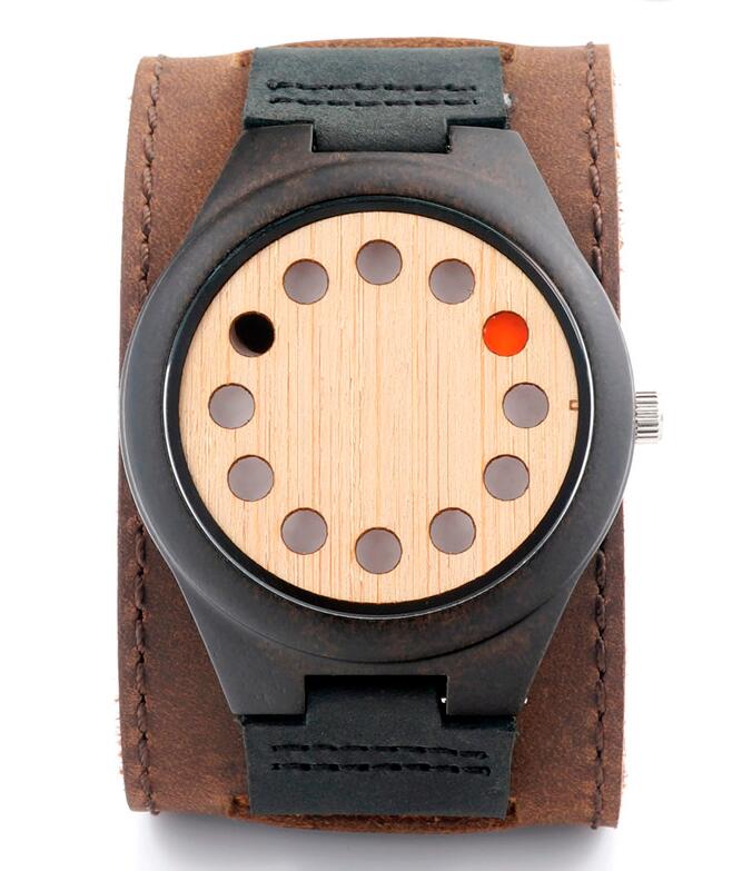 BOBO VOGEL Milieuvriendelijke Houten Horloge Heren Top Luxe Unieke Gaten Lederen Quartz Horloge met Lederen Band: Roze