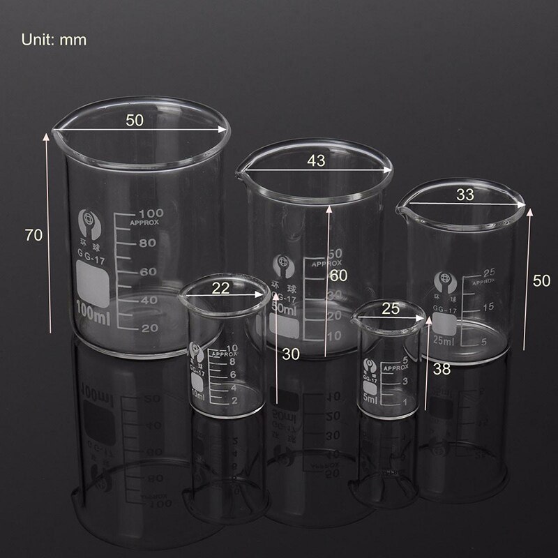 5Pcs Lab Glass Beaker Set 5/10/25/50/100ml Borosilicate Glass Laboratory Measuring Glassware School Study Lab Glass Beaker Set