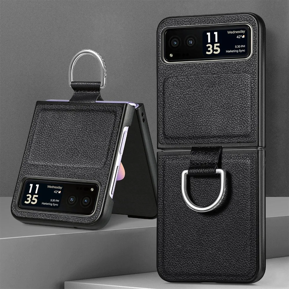 Capa de telefone luxuosa de couro pu para motorola moto razr 60 50 40 ultra com anel padrão de lichia pu tela dobrável capa protetora traseira: Preto / Motorola Rázar 60