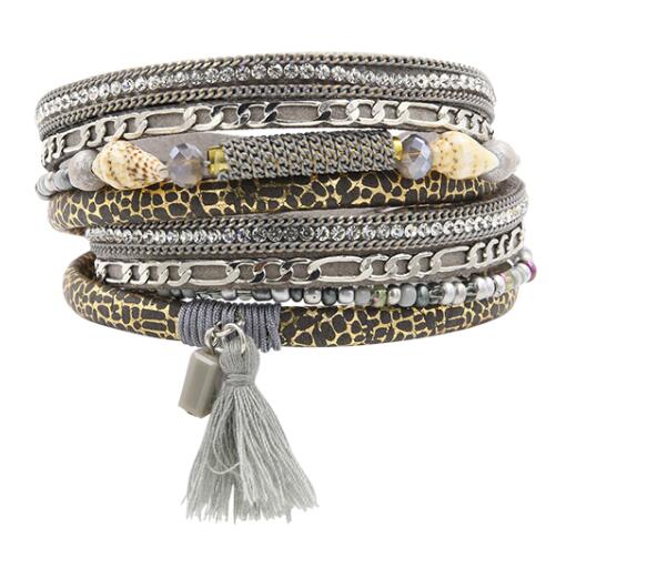 STRATHSPEY PU Leather Bracelets&Bangle For Women Pulseira De Couro Feminine Long Crystal Conch Bead Magnetic Wrap Pulseras Mujer: Grey