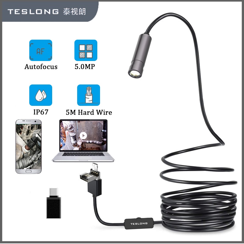 Teslong 5.0MP 3 In 1 Usb Endoscoop Camera 2594X1944P IP67 Autofocus Industriële Borescope Harde Draad Inspectie camera Autofocus