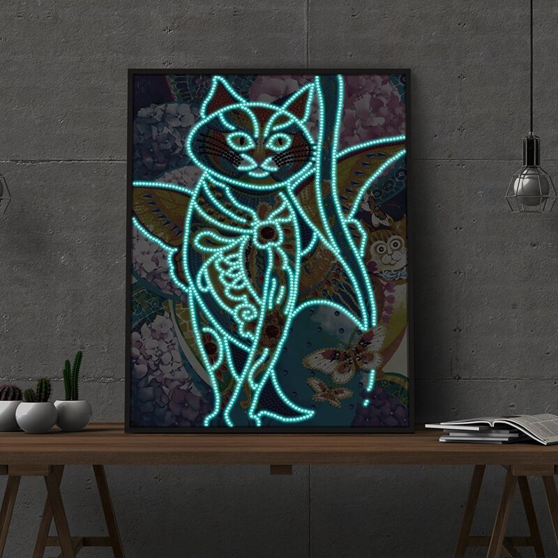 Diy led lichtgevende diamant schilderij in de vorm van een dier, geborduurd met een kruis in de kleur van een kat