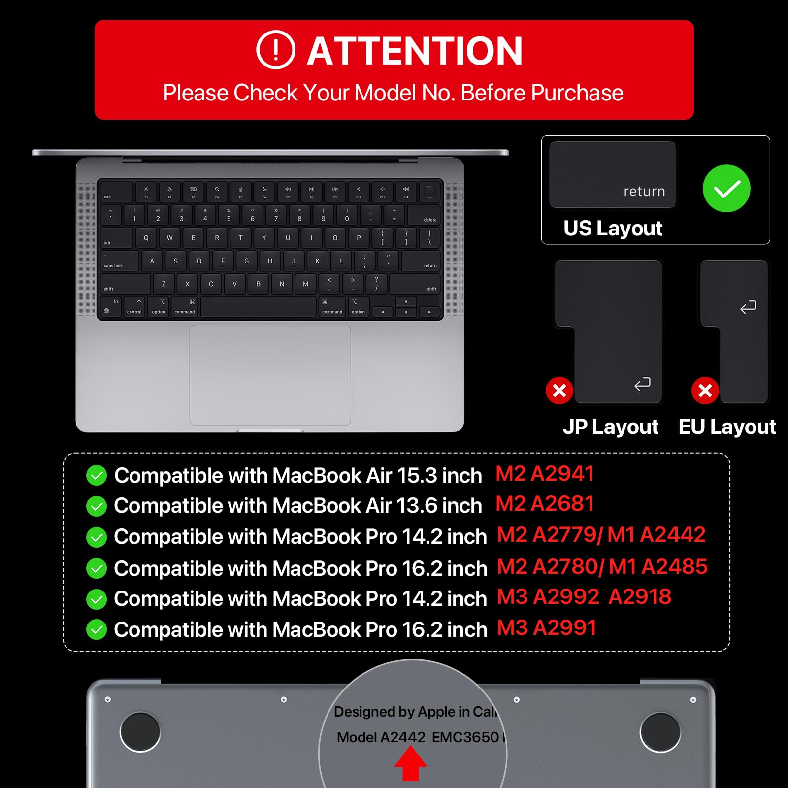 Premium Keyboard Cover Skin Ultra Thin dla MacBook Air 15" M3 M2 A3114 A2941, Air 13.6" A3113 A2681, Pro 14" 16" A2918 A2779: Jasne