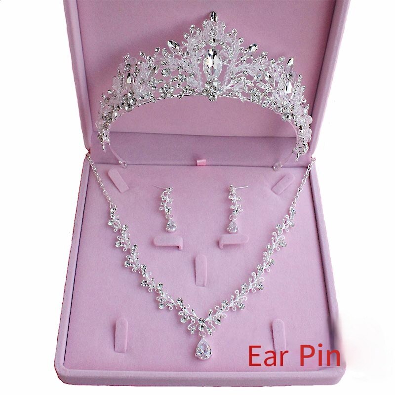 Mode Zirkoon Strass Hoofddeksels Kroon Ketting Oorbellen Set Bruids Sieraden Bruiloft Haar Accessoires Sieraden Set Dames: Ear Pin set