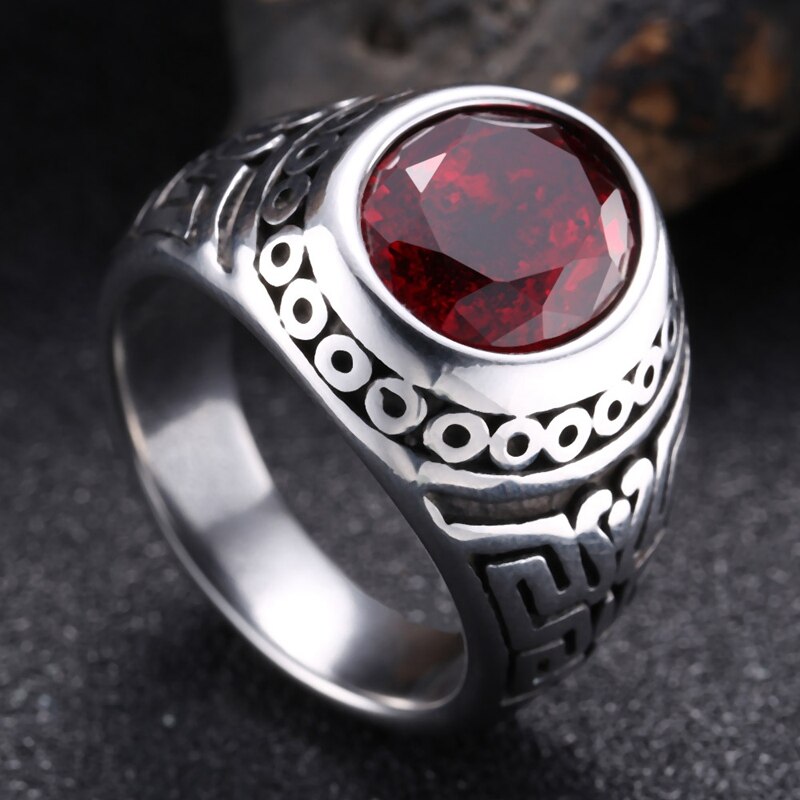 Red Zircon Men's Ring 316L Stainless Steel Ring Punk Biker Unique Ring for Male Vintage Pattern Jewelry JZ0022