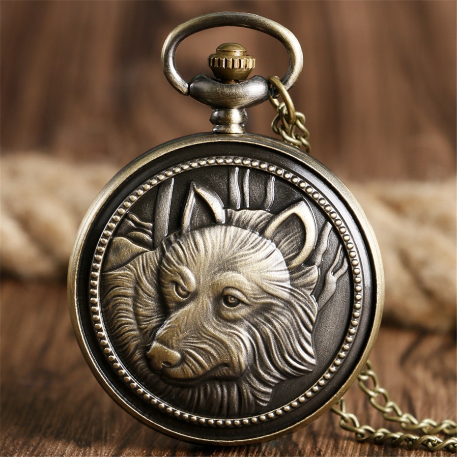 Steampunk wolvenkop quartz zakhorloge vintage brons coole kettinghorloges voor mannen en vrouwen met ketting