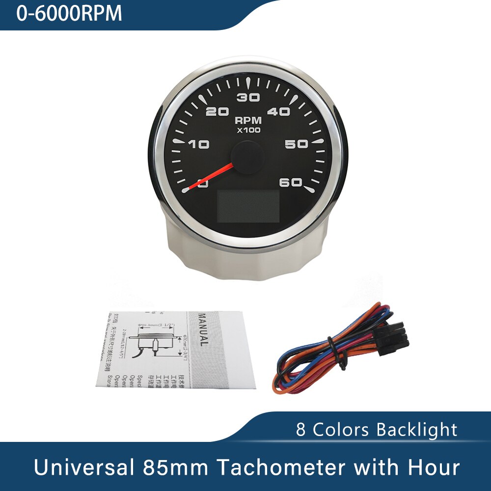 Wasserdichte Stiefel Drehzahlmesser Marine Tacho Messgerät LCD Betriebsstundenzähler 3K 4K 6K 8K 85mm Stiefel Tachometer 12V/24V Mit 8 Farben Hintergrundbeleuchtung: 6K BS