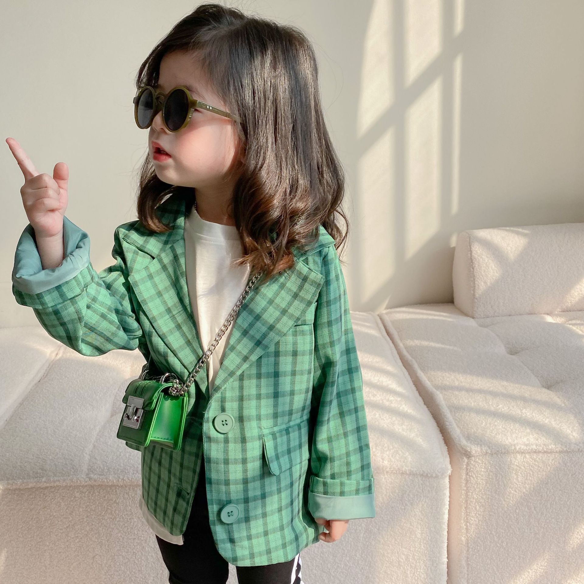 2022 Spring Girls Plaid Coat Green Jacket
