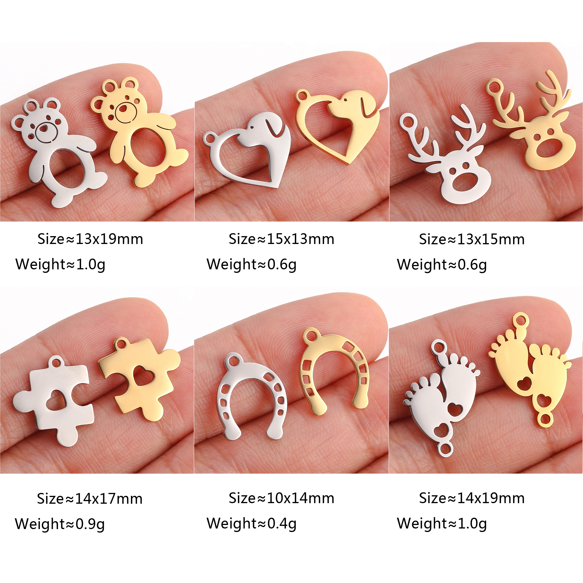 5 unids/lote de dijes con temática de animales, pata de gato/corazón de amor, garra de perro/herradura, colgantes de acero inoxidable, manualidades DIY, suministros para hacer joyas