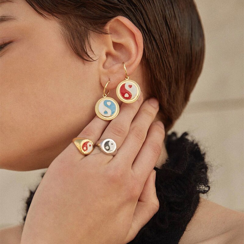 Emaille Yin Yang Tai Chi Ringe für Frauen Gold Silber Farbe Herz Geometrische Metall klobig Ringe modisch Schmuck