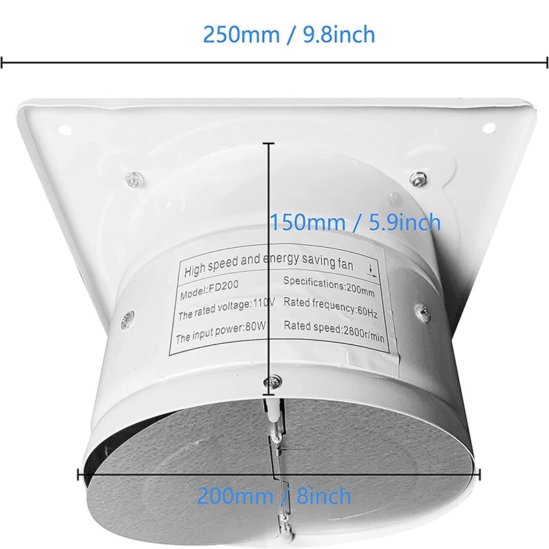 8 Inch Exhaust Shutter Fan, Wall Mounted Fan With Anti-Backflow Check Valve Chain Switch Used In Attic/Kitchen/Bathroom