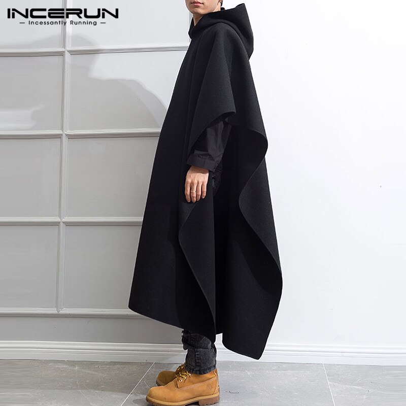Stylish Men Cloak Coats Hooded Cape Solid Loose 2022 Streetwear Punk Style Windproof Men Long Trench Chic Winter Poncho INCERUN