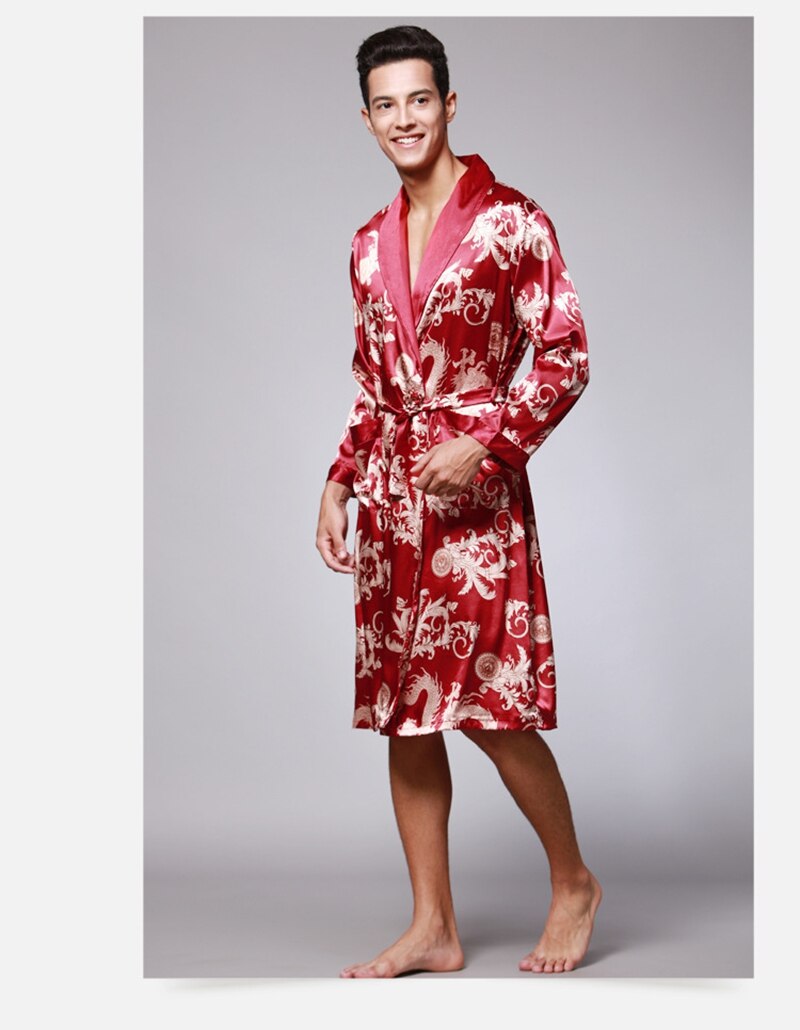 Langærmet pyjamas kimono herre халат badekåber silke pyjamas herre afslappet lange morgenkåber morgenkjoler badekåbe hjemmetøj: Rødvin / Xxxl